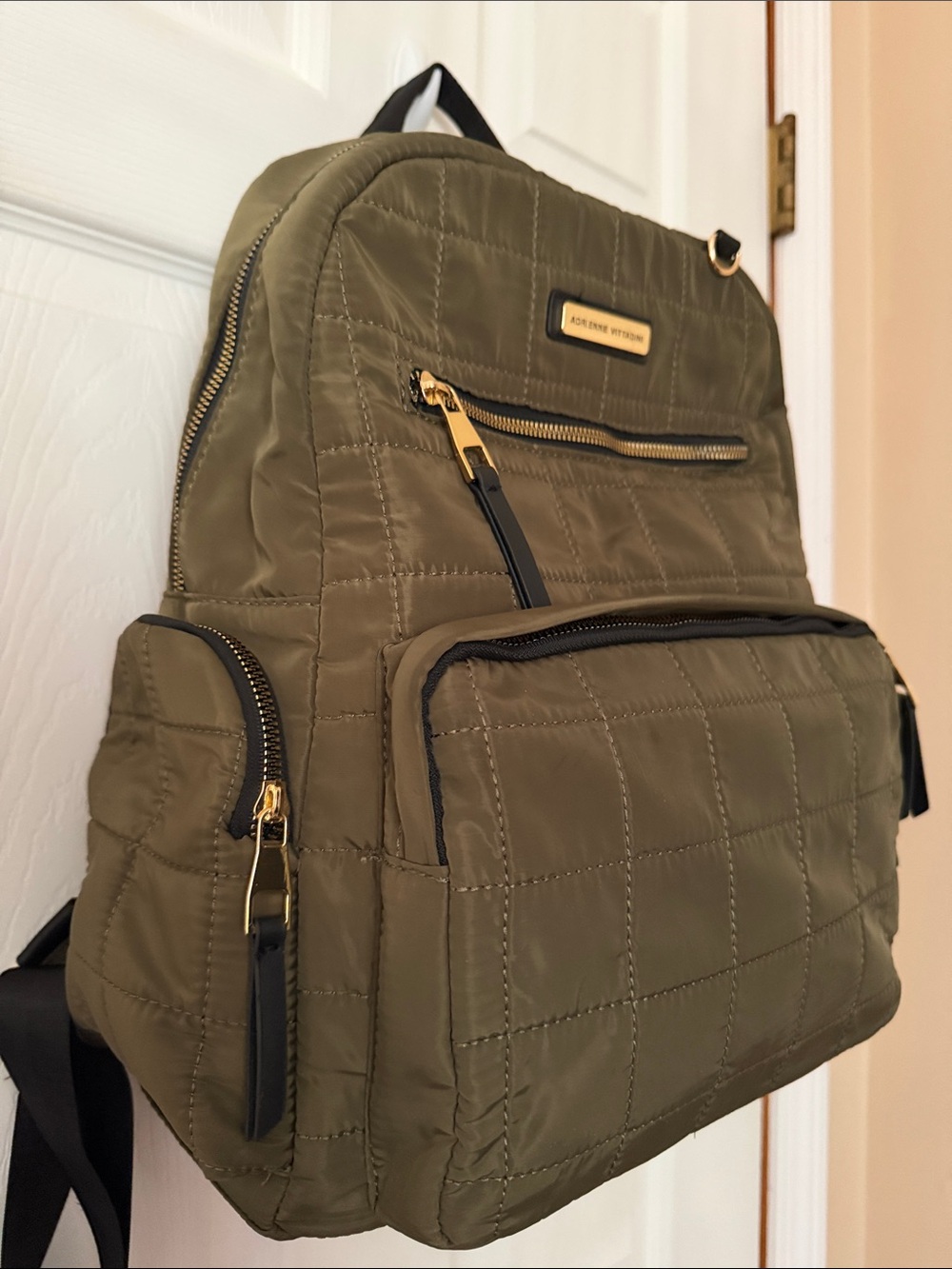 Adrienne Vittadini Quilted Olive Backpack with Laptop sleeve - Picture 4 of 11